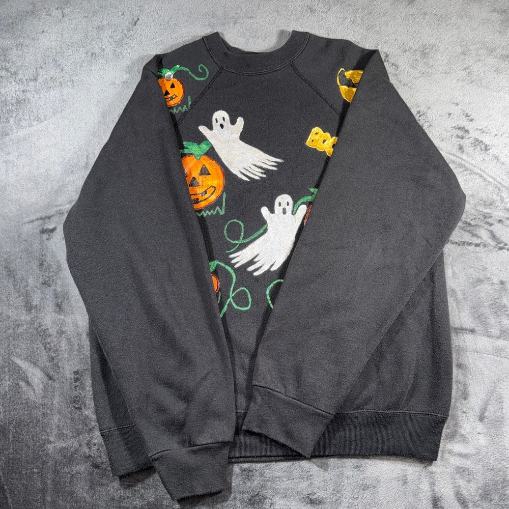 Vintage Tultex Halloween Sweatshirt Black Hand Painted Ghosts Pumpkins Large USA
